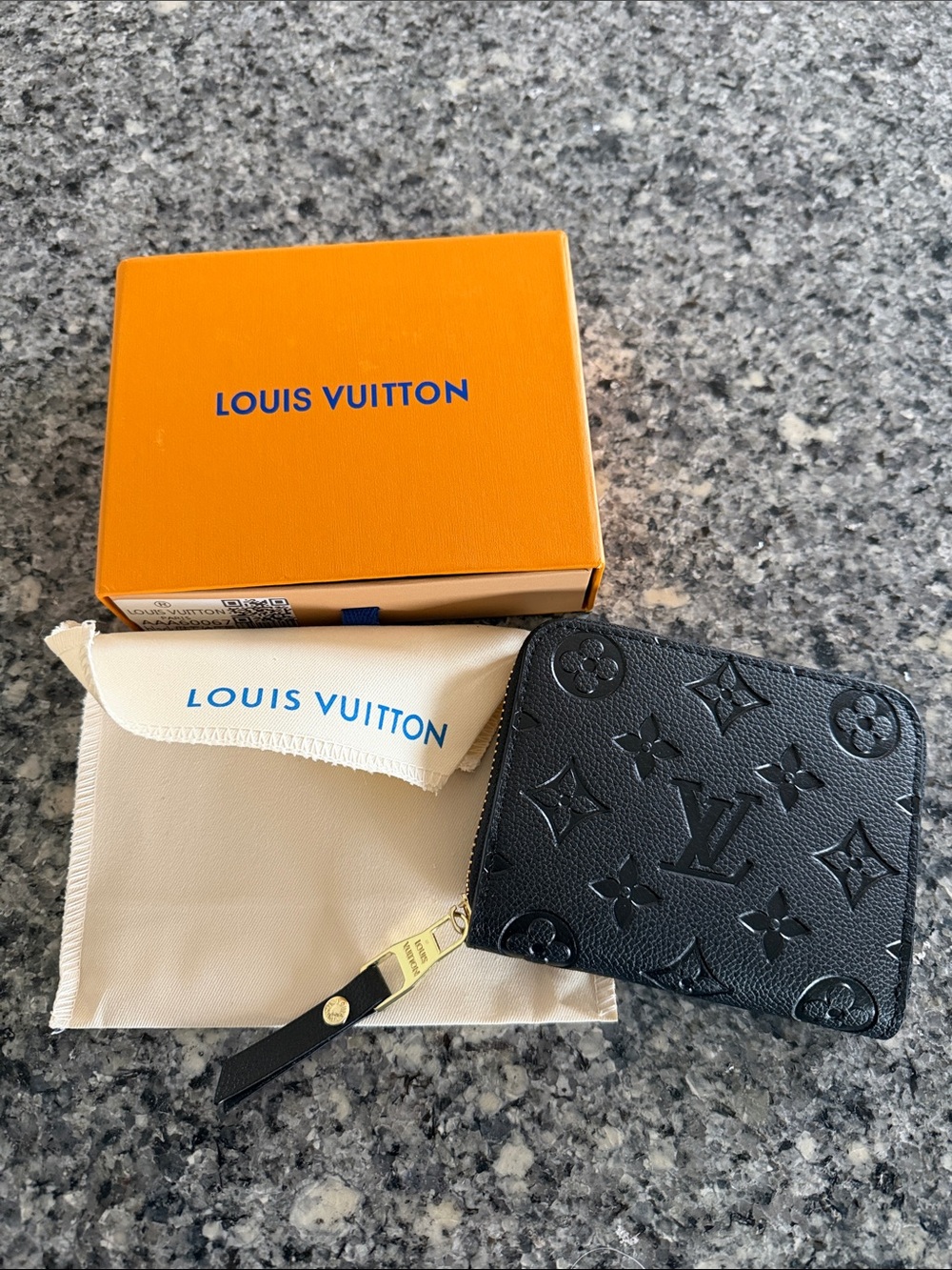 Louis Vuitton Black Embossed Monogram Zippy Card Holder with Gold Zip Pull